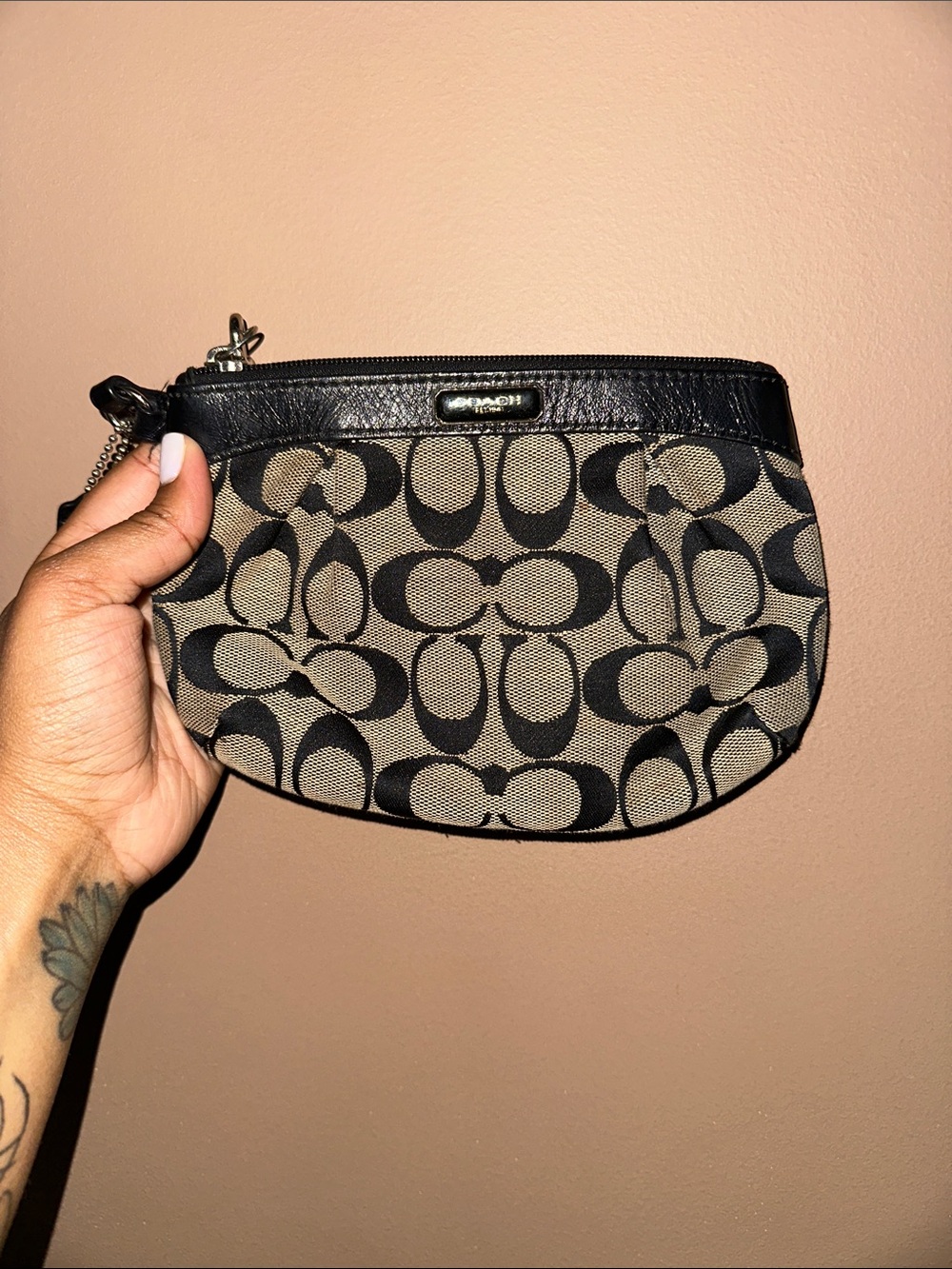 Coach Signature Canvas Wristlet in Black and Khaki